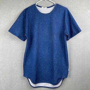 EPTM Mens Blue Denim Print Longline Curved Hem T Shirt M Streetwear Made in USA